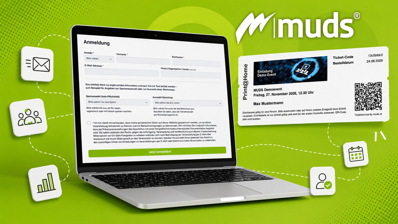 Event Registrierung Software für digitale Veranstaltungen Event Registrierung Software von MUDS mit Anmeldung, Ticketing, Gästeliste und QR-Code-Check-in