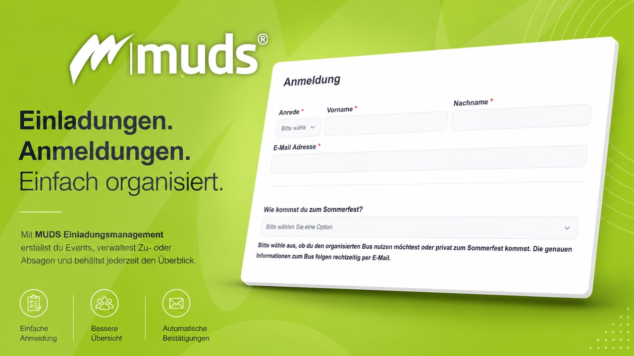 Anmeldeformular für Veranstaltungen mit Teilnehmerdaten, Auswahlfeldern, Eingabefeldern uvm.